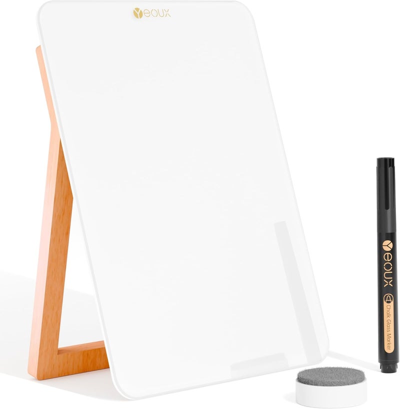 YEOUX Desktop Glass Whiteboard with Reversible Wood Stand, Small White Board, Mini Dry Erase Whiteboard Easel for Desk, Reusable Desk Notepad 9.5"x6.7" for Home, Office, Accessories Included, - Image 1